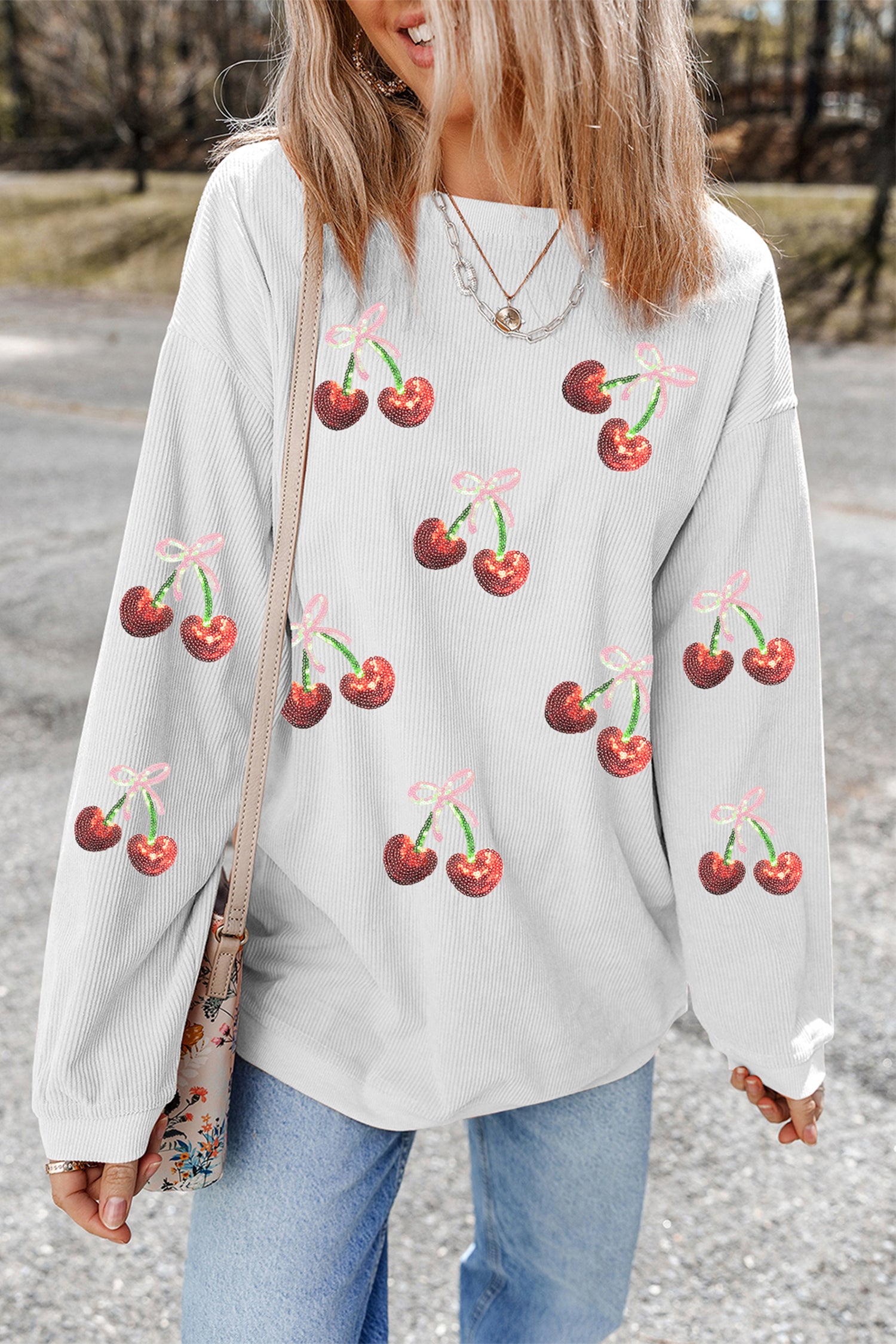 White Corded Ribbed Sequin Cherry Bow Patched Drop Shoulder Sweatshirt