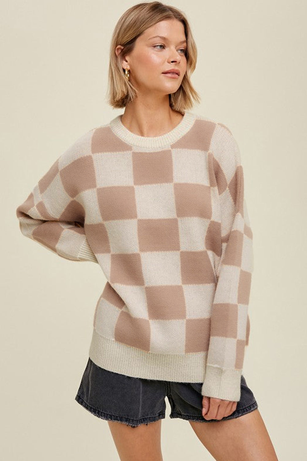 Parchment Checkered Pattern Ribbed Trim Knit Baggy Sweater