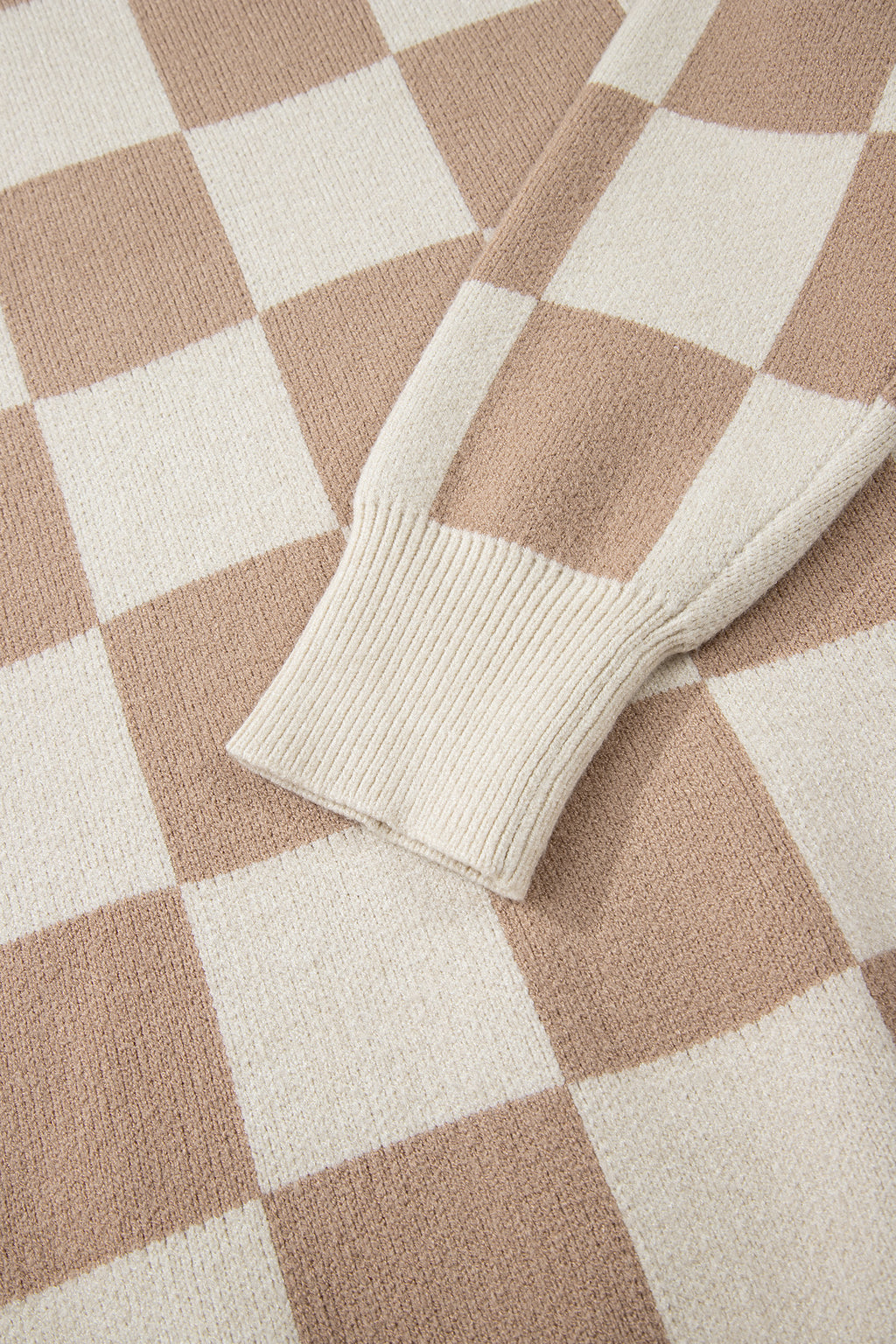Parchment Checkered Pattern Ribbed Trim Knit Baggy Sweater