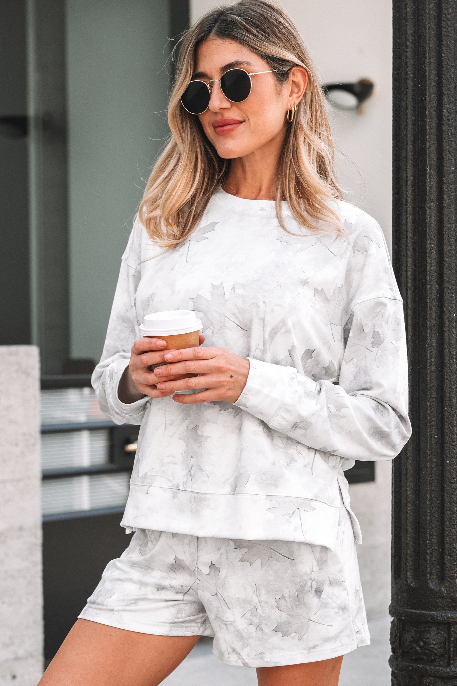 Beige Maple Camo Print Pullover Top and Elastic Waist Casual Short Set